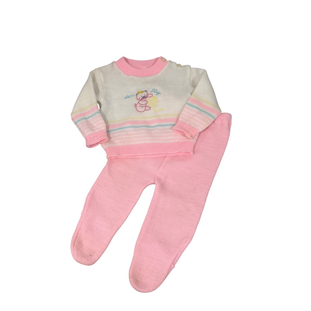 Vintage Childwise Knit Pastel Cat Embroidered Pink Outfit Size 0-6 M